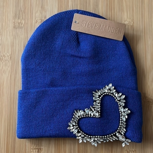 Brand New Steve Madden Blue Knit Beanie Hat w/ Rhinestone Beaded Heart - Picture 8 of 8